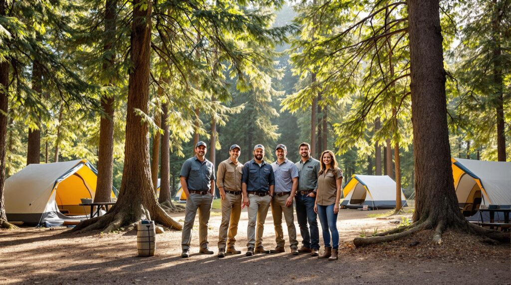 A group of volunteer campground hosts in outdoor attire standing in a forest clearing with tents in the background, surrounded by tall evergreen trees and soft sunlight, creating a warm and welcoming atmosphere.
