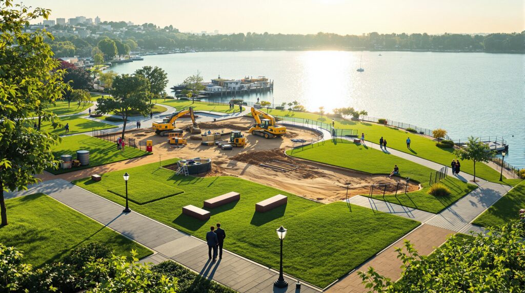 A scenic waterfront park under renovation with construction equipment, green lawns, and walking paths in the foreground, set against a lake backdrop under early morning sunlight. Visitors stroll casually, highlighting ongoing improvements in a vibrant, optimistic atmosphere.