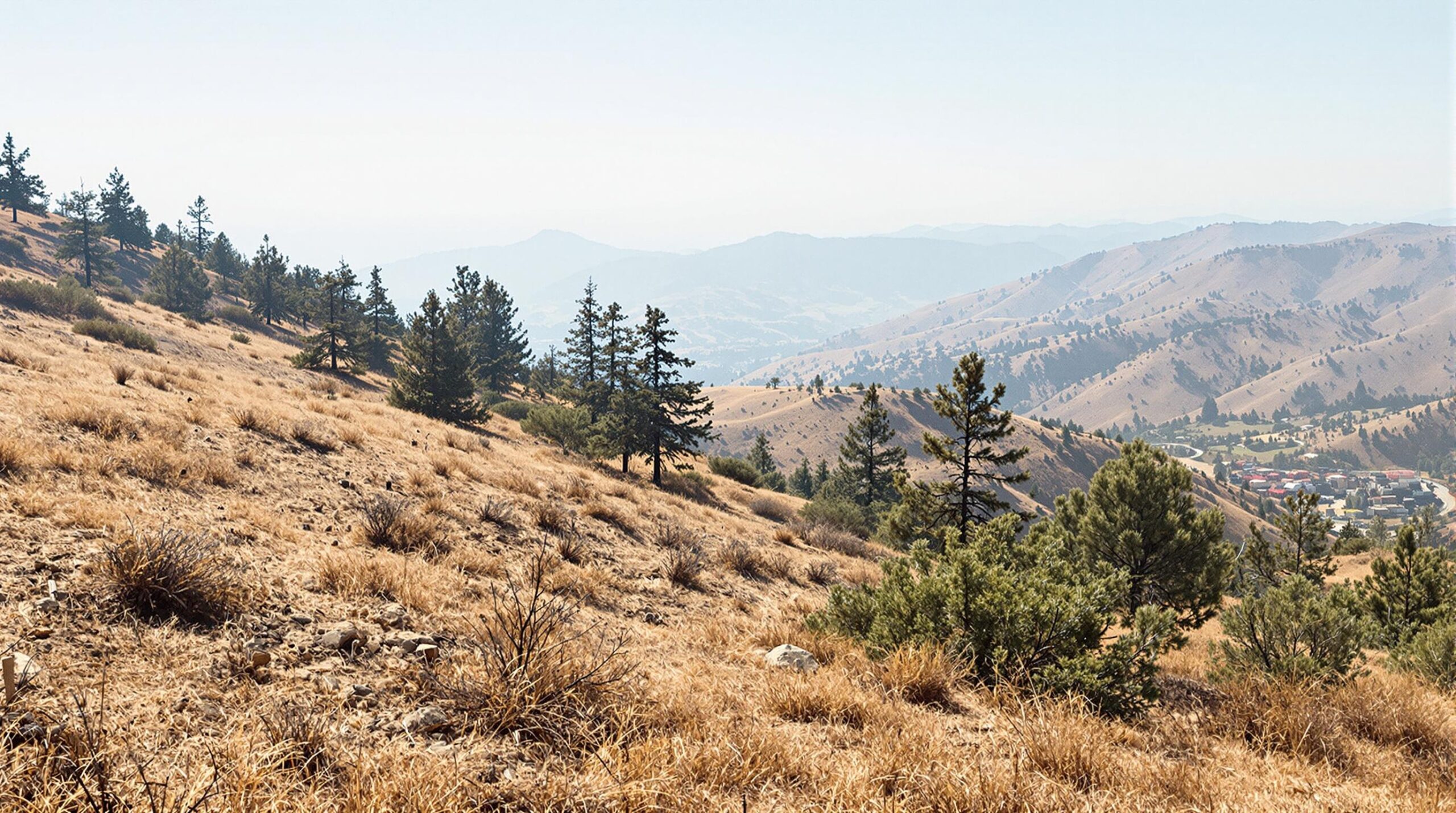 A dry, sparsely vegetated hillside with patches of parched grass and scattered pine trees under hazy midday light, suggesting wildfire risk.