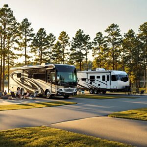 Modern RV and travel trailer at lakeside campground with a family setting up camp chairs and children riding bikes, framed by tall pine trees and a fresh bathhouse in warm golden sunlight.