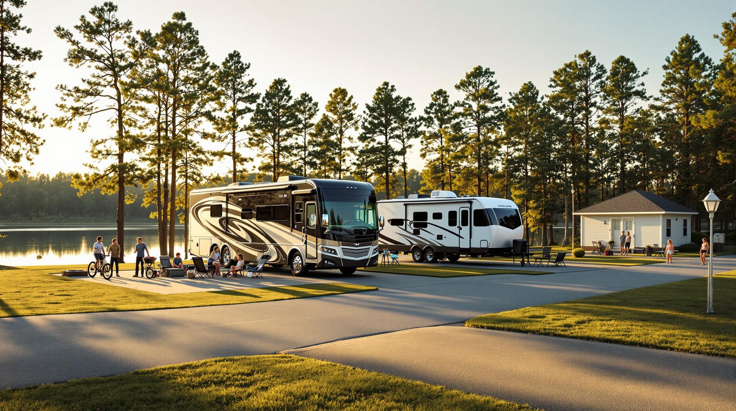 Modern RV and travel trailer at lakeside campground with a family setting up camp chairs and children riding bikes, framed by tall pine trees and a fresh bathhouse in warm golden sunlight.