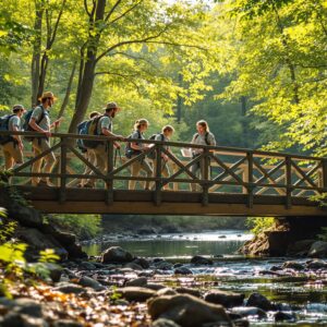 A group of diverse park rangers and volunteers inspect a newly restored wooden trail bridge over a stream in a sunlit forest as hikers walk by, symbolizing park maintenance and public enjoyment.