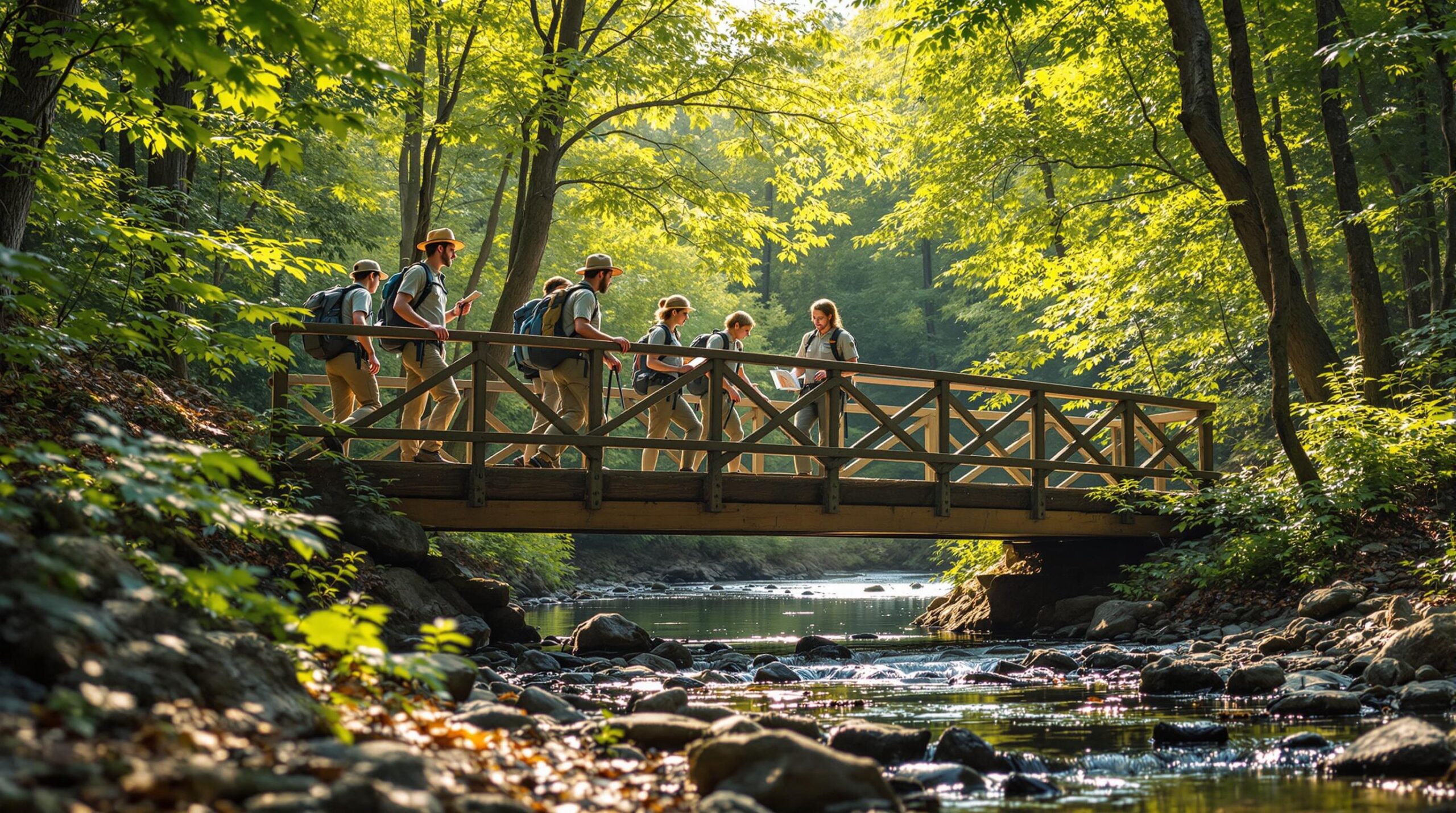 A group of diverse park rangers and volunteers inspect a newly restored wooden trail bridge over a stream in a sunlit forest as hikers walk by, symbolizing park maintenance and public enjoyment.