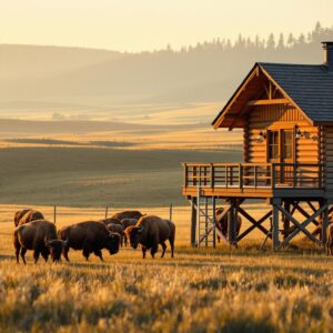 Bison grazing on open prairie near an elevated wooden cabin at sunset with a safety fence and trees in the background