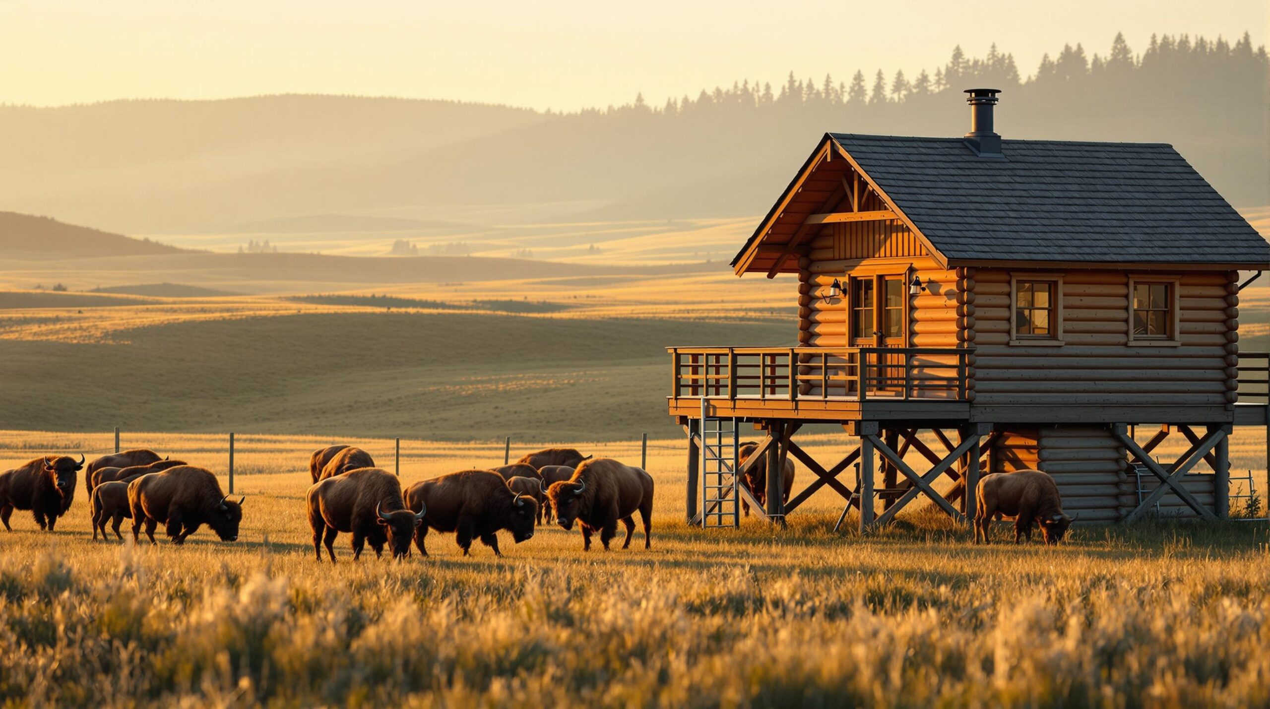 Bison grazing on open prairie near an elevated wooden cabin at sunset with a safety fence and trees in the background