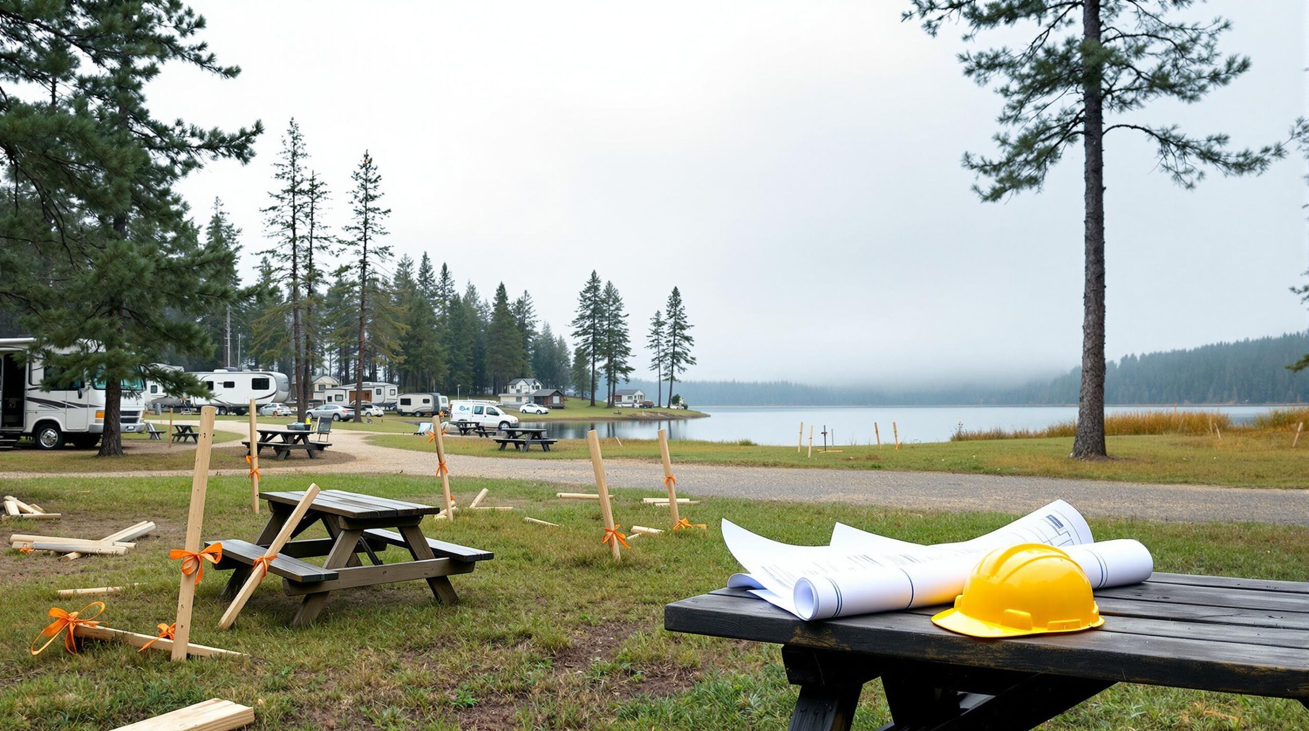 A quiet lakeside campground with survey stakes, a rolled-up blueprint, and a hard hat on a picnic table, RVs and cabins among trees, and a misty lake in the background under an overcast sky.