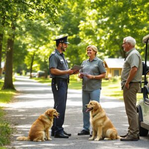 Campground staff member checking insurance documents for a couple with a golf cart and a leashed golden retriever at a wooded campsite entrance