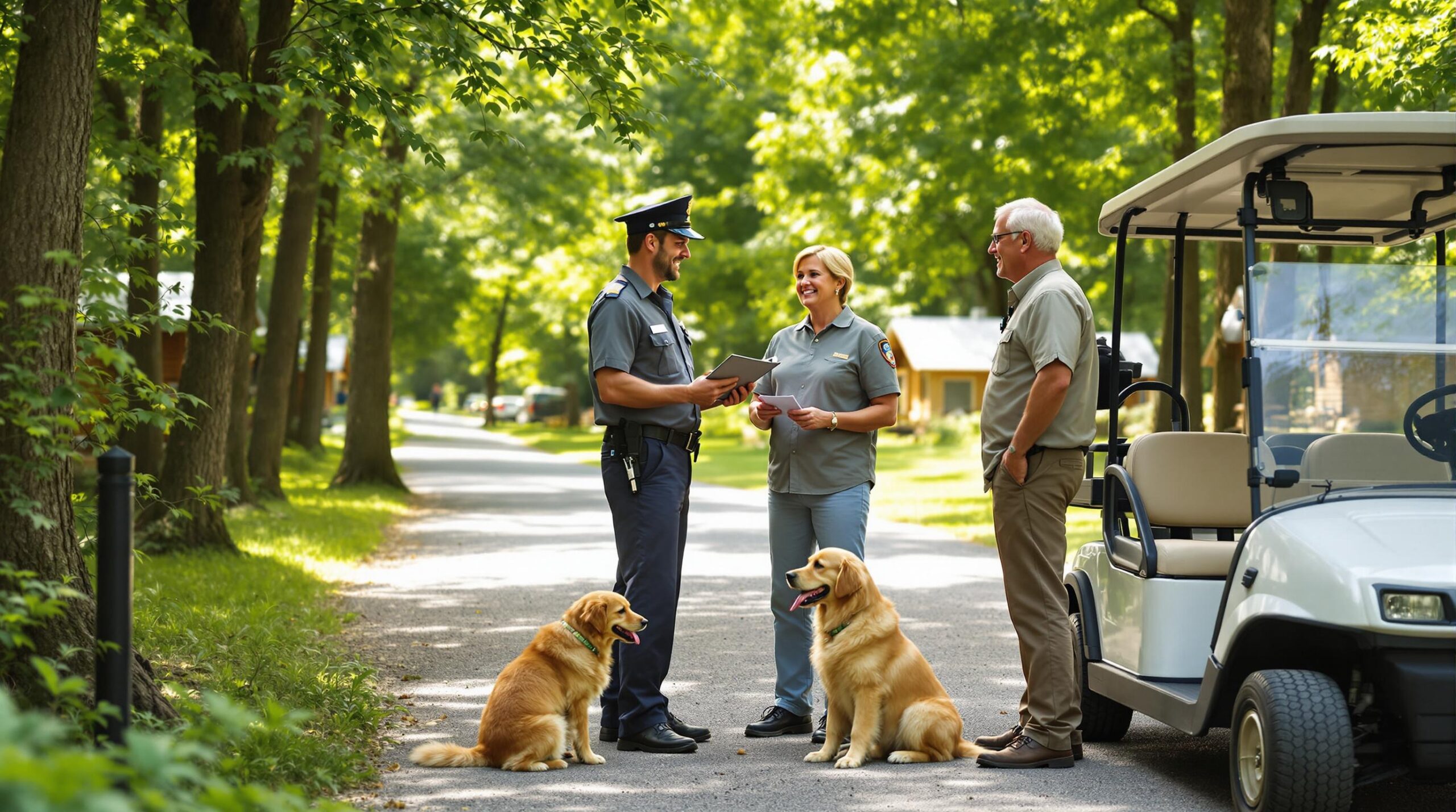 Campground staff member checking insurance documents for a couple with a golf cart and a leashed golden retriever at a wooded campsite entrance