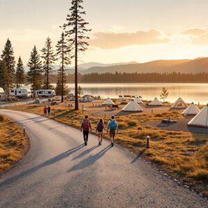 A family walks along a new gravel trail through a lakeside campground with RV pads, tent sites, and pine trees in early morning light.