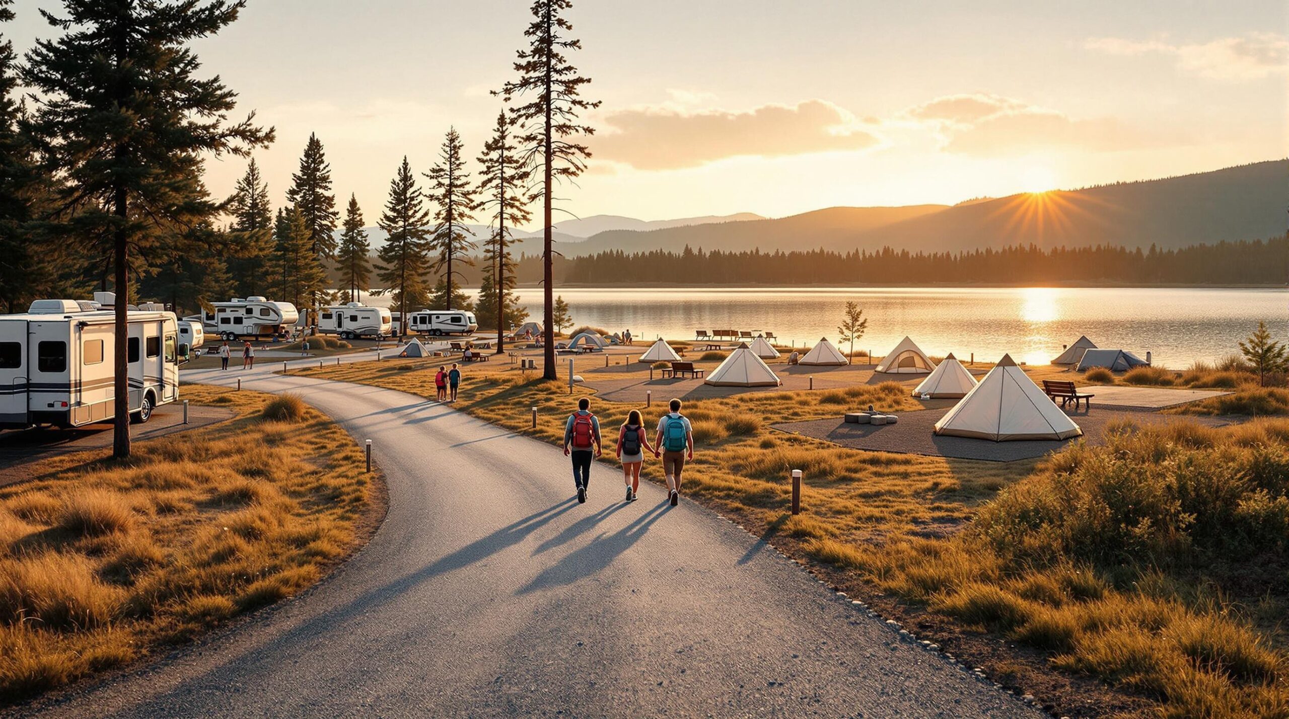A family walks along a new gravel trail through a lakeside campground with RV pads, tent sites, and pine trees in early morning light.