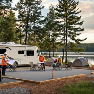 Construction worker reviews plans beside new utility hookup at a generic lakeside campground as a family sets up near an RV and tents, with survey flags marking upgrades and a calm lake in the background.