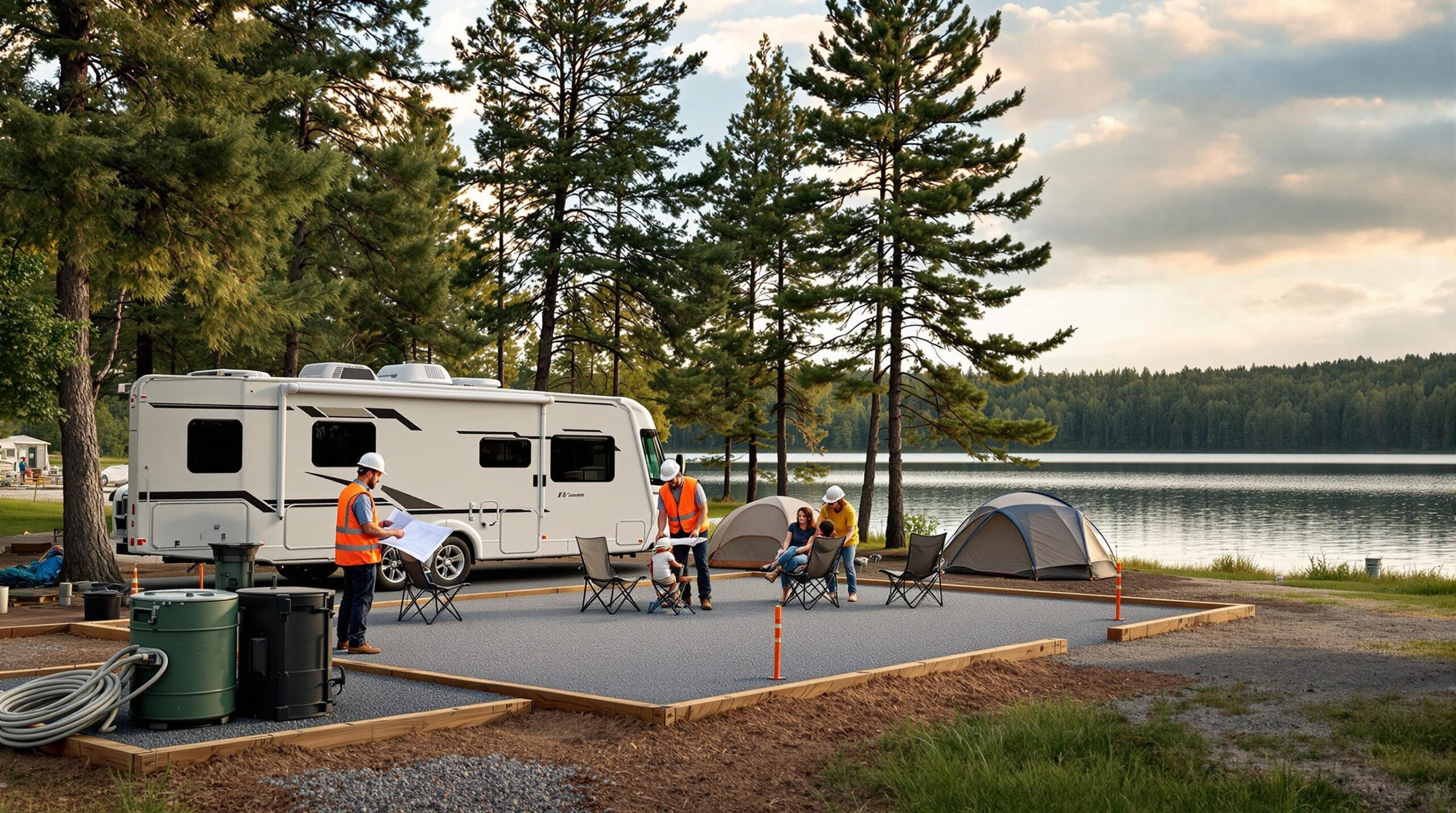 Construction worker reviews plans beside new utility hookup at a generic lakeside campground as a family sets up near an RV and tents, with survey flags marking upgrades and a calm lake in the background.