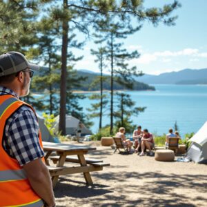Volunteer campground host in orange vest greeting campers at a lakeside campsite with tents, pine trees, and picnic table under a clear sky