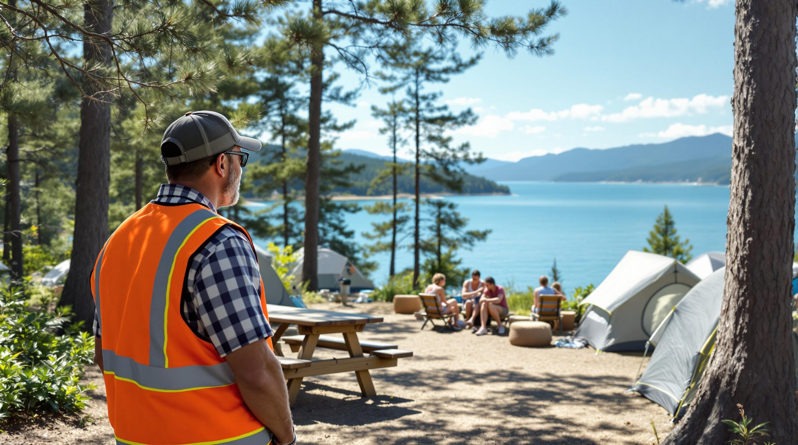 Volunteer campground host in orange vest greeting campers at a lakeside campsite with tents, pine trees, and picnic table under a clear sky