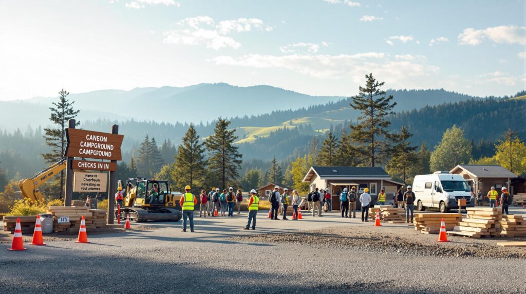 Construction workers in safety vests upgrade a campground entrance with new signposts and equipment, as visitors and a camper van wait nearby under a clear sky and tree-covered hills.