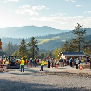 Construction workers in safety vests upgrade a campground entrance with new signposts and equipment, as visitors and a camper van wait nearby under a clear sky and tree-covered hills.