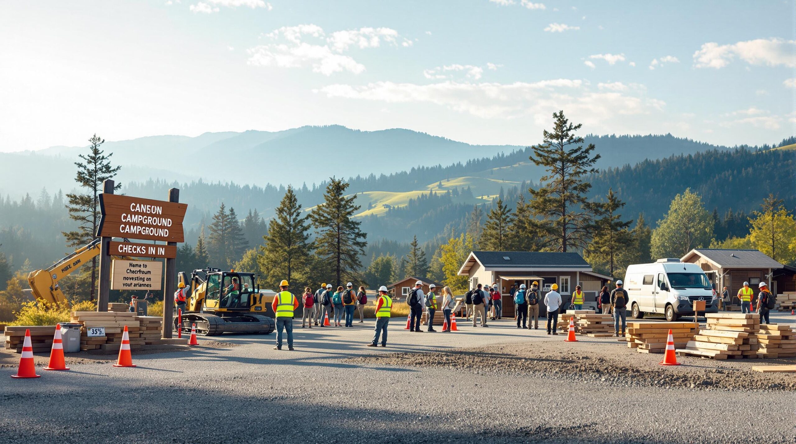 Construction workers in safety vests upgrade a campground entrance with new signposts and equipment, as visitors and a camper van wait nearby under a clear sky and tree-covered hills.