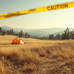 A small orange tent stands in a dry grassy meadow bordered by pine trees and low hills, with yellow caution tape in the foreground under a hazy afternoon sky.