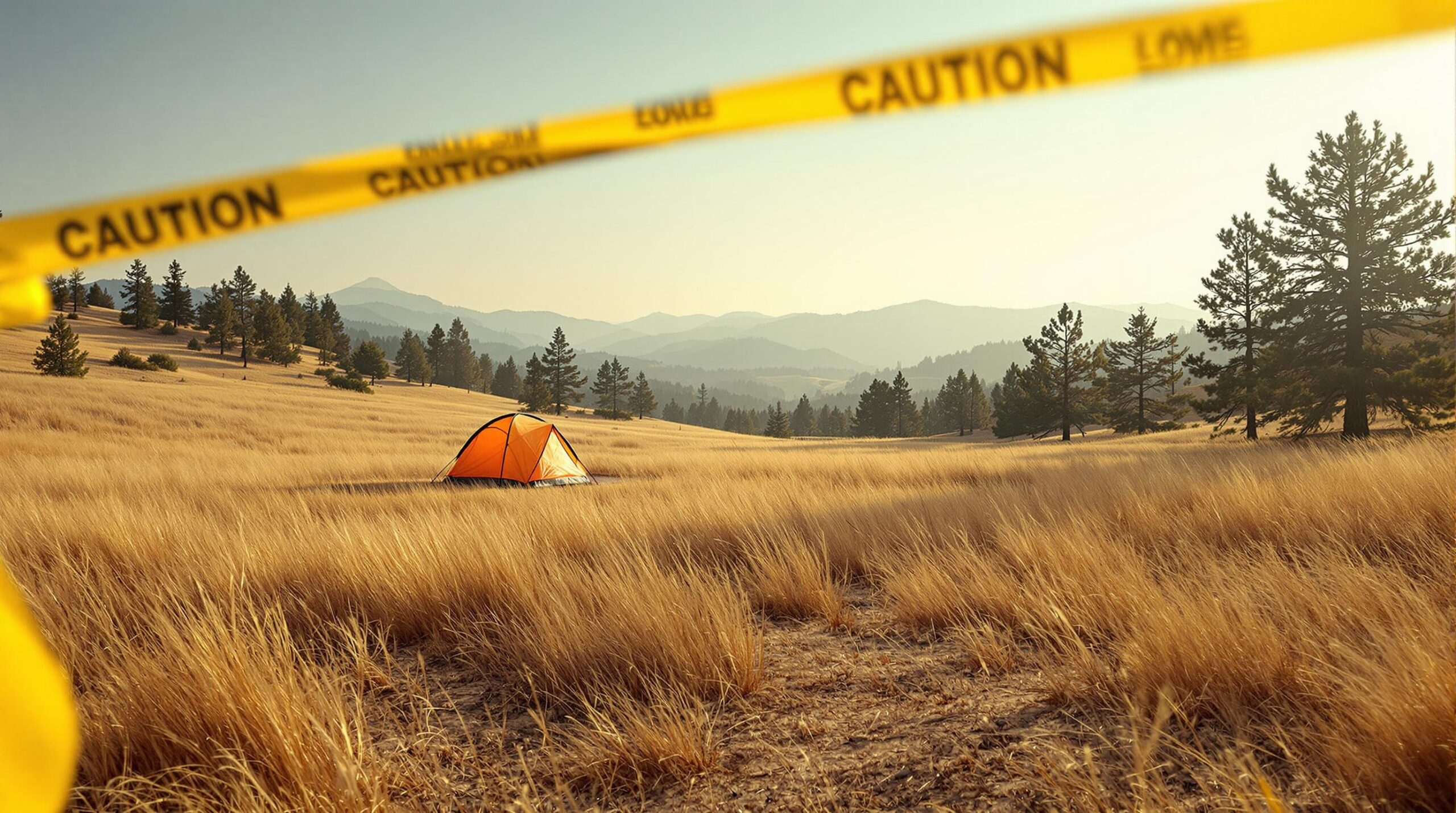A small orange tent stands in a dry grassy meadow bordered by pine trees and low hills, with yellow caution tape in the foreground under a hazy afternoon sky.