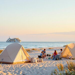Family camping at a coastal site at sunrise with tents, camping gear, and a small ferry crossing calm water in the background, soft dunes and trees visible under a pastel sky.