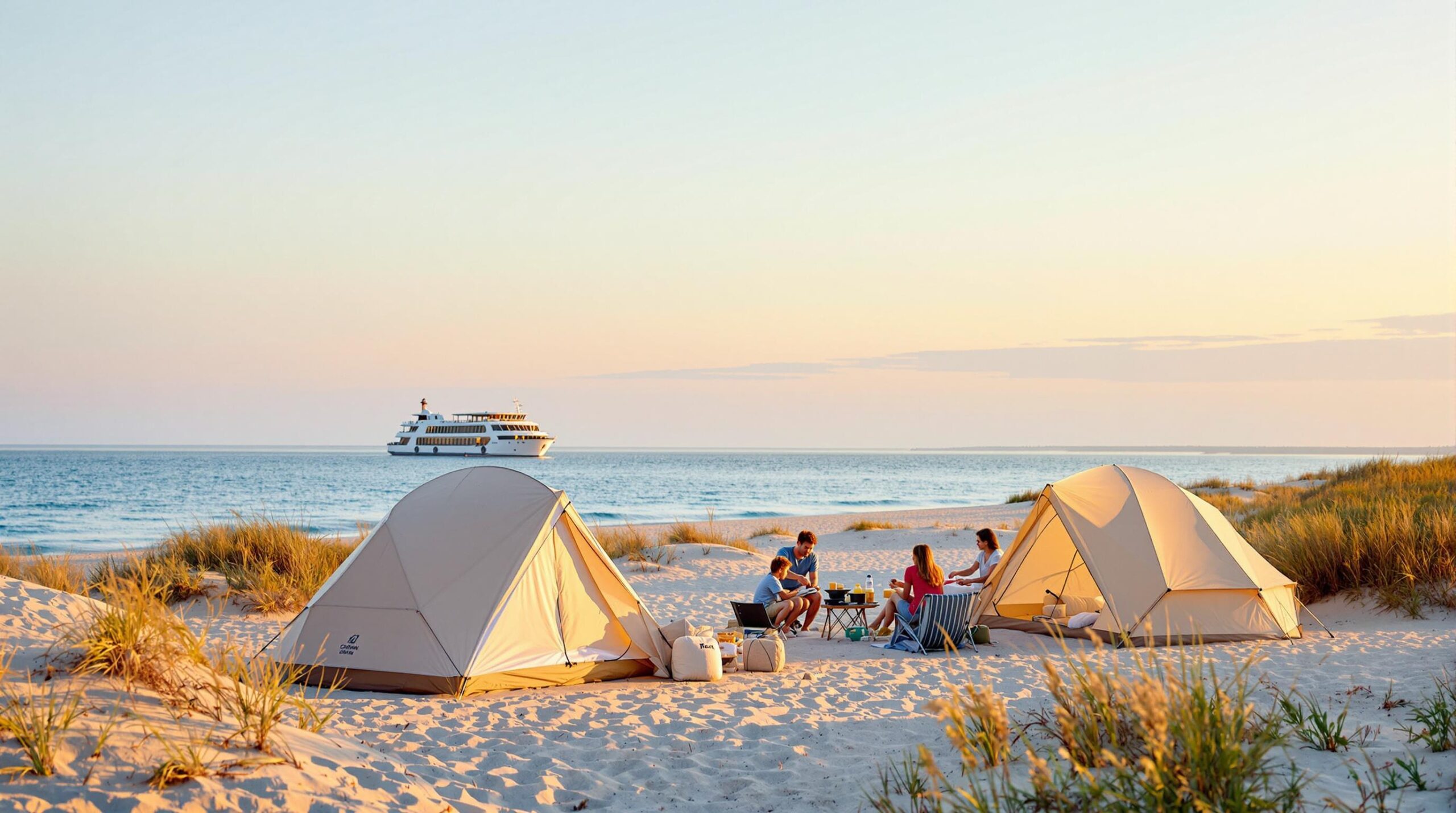 Family camping at a coastal site at sunrise with tents, camping gear, and a small ferry crossing calm water in the background, soft dunes and trees visible under a pastel sky.