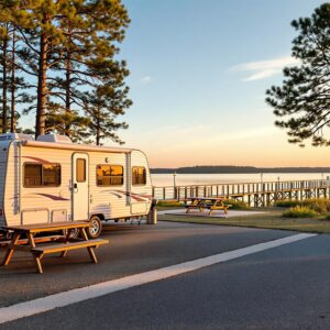 A modern white travel trailer parked on a paved campsite with a picnic table and grill, surrounded by tall pine trees and palmetto plants, next to a calm lake reflecting a pastel sunrise and a wooden fishing pier in the background.