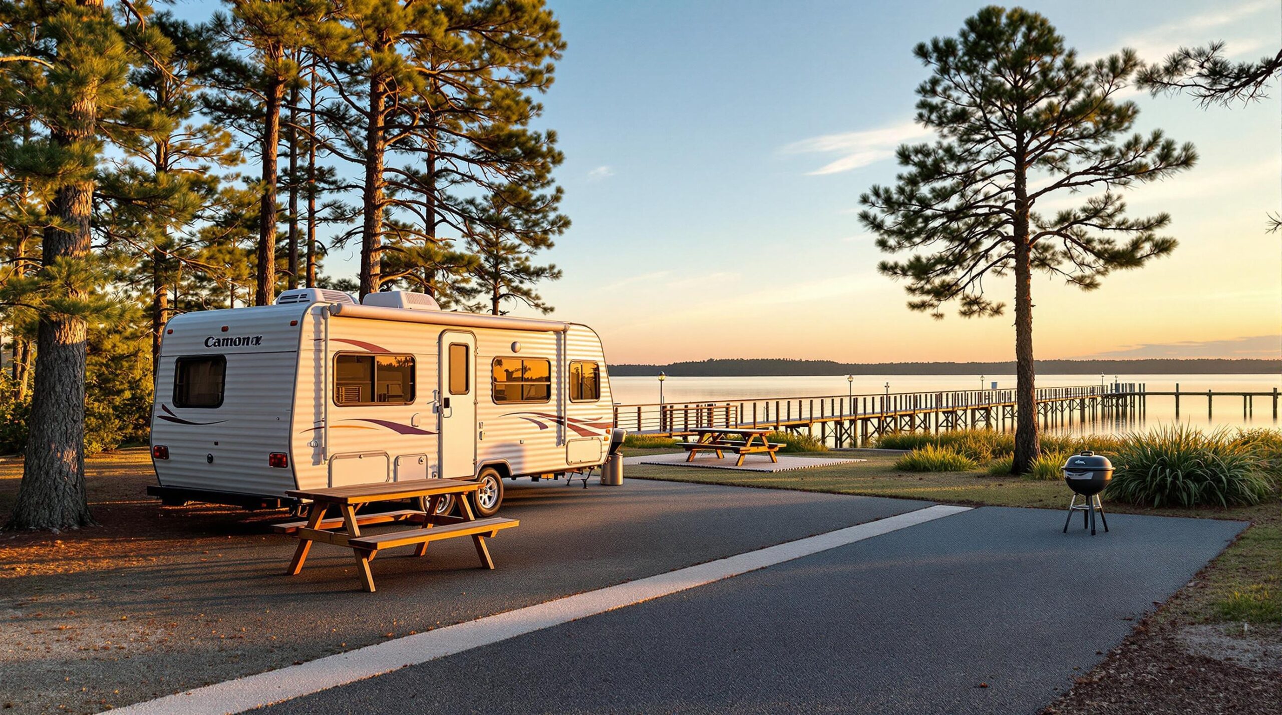A modern white travel trailer parked on a paved campsite with a picnic table and grill, surrounded by tall pine trees and palmetto plants, next to a calm lake reflecting a pastel sunrise and a wooden fishing pier in the background.