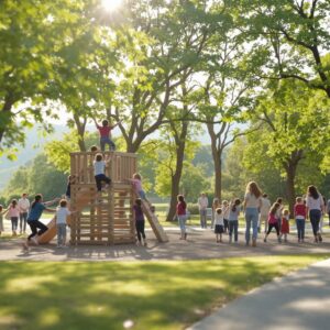 Families and children enjoy outdoor play and exercise in a sunlit, tree-lined park with a wooden play structure and walking path, surrounded by greenery.