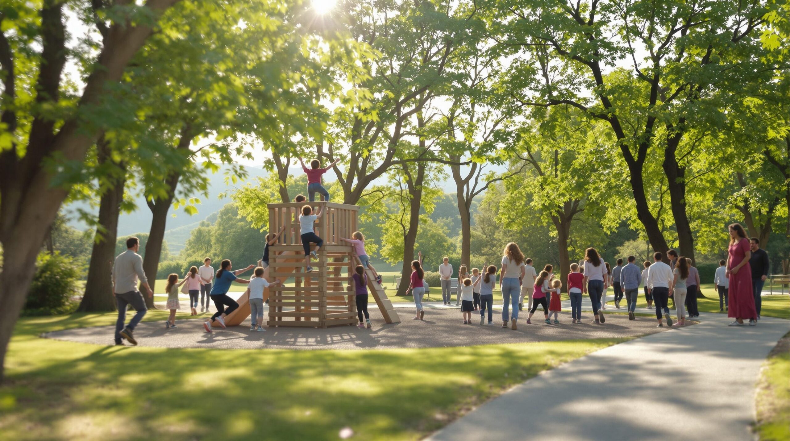 Families and children enjoy outdoor play and exercise in a sunlit, tree-lined park with a wooden play structure and walking path, surrounded by greenery.