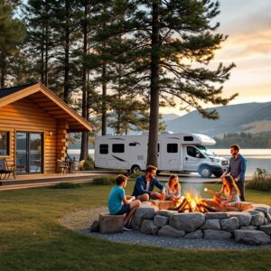 Family roasting marshmallows at lakeside campsite with cabin and RV at sunset