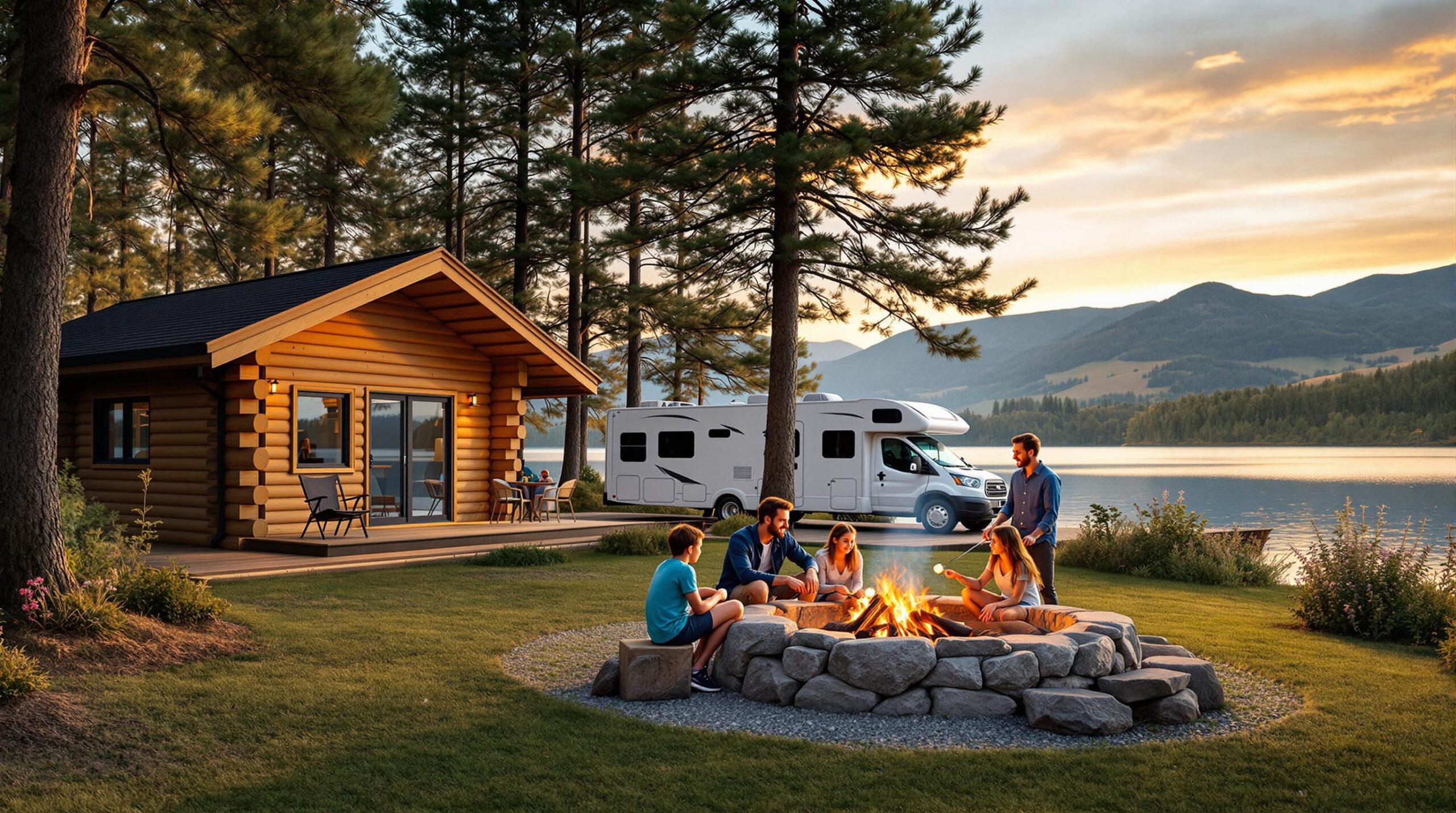 Family roasting marshmallows at lakeside campsite with cabin and RV at sunset