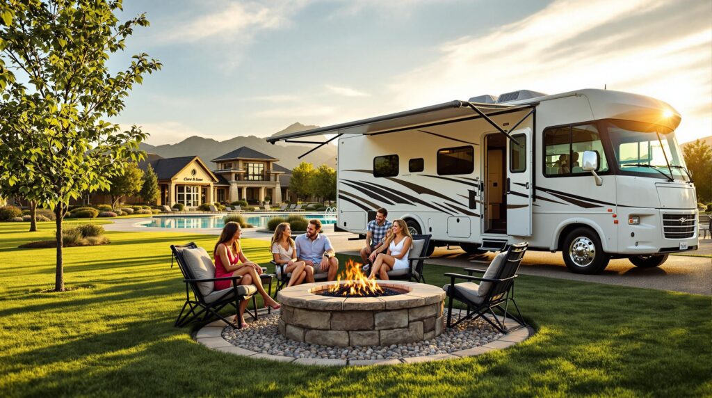 Smiling family with golden retriever relaxing by RV and fire pit at a generic, modern resort with pool and clubhouse on a sunny day