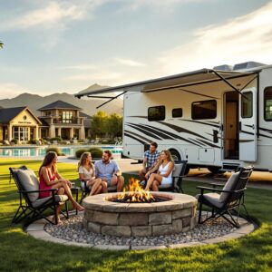 Smiling family with golden retriever relaxing by RV and fire pit at a generic, modern resort with pool and clubhouse on a sunny day