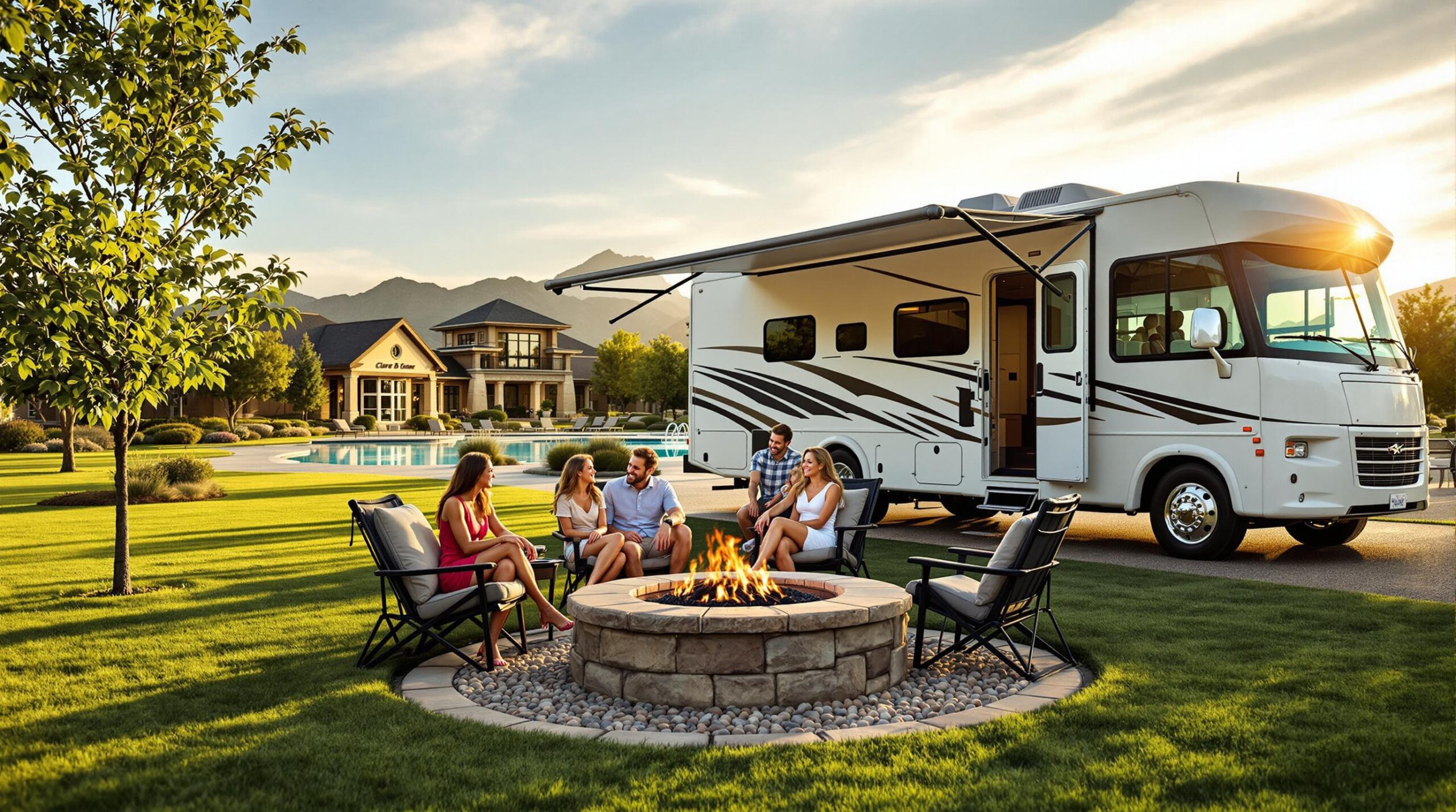Smiling family with golden retriever relaxing by RV and fire pit at a generic, modern resort with pool and clubhouse on a sunny day