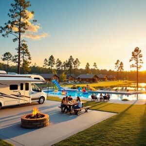 A family of four toasts marshmallows beside a motorhome at a modern RV resort with a pool, splash pad, log cabins, and a lake surrounded by trees at sunset.