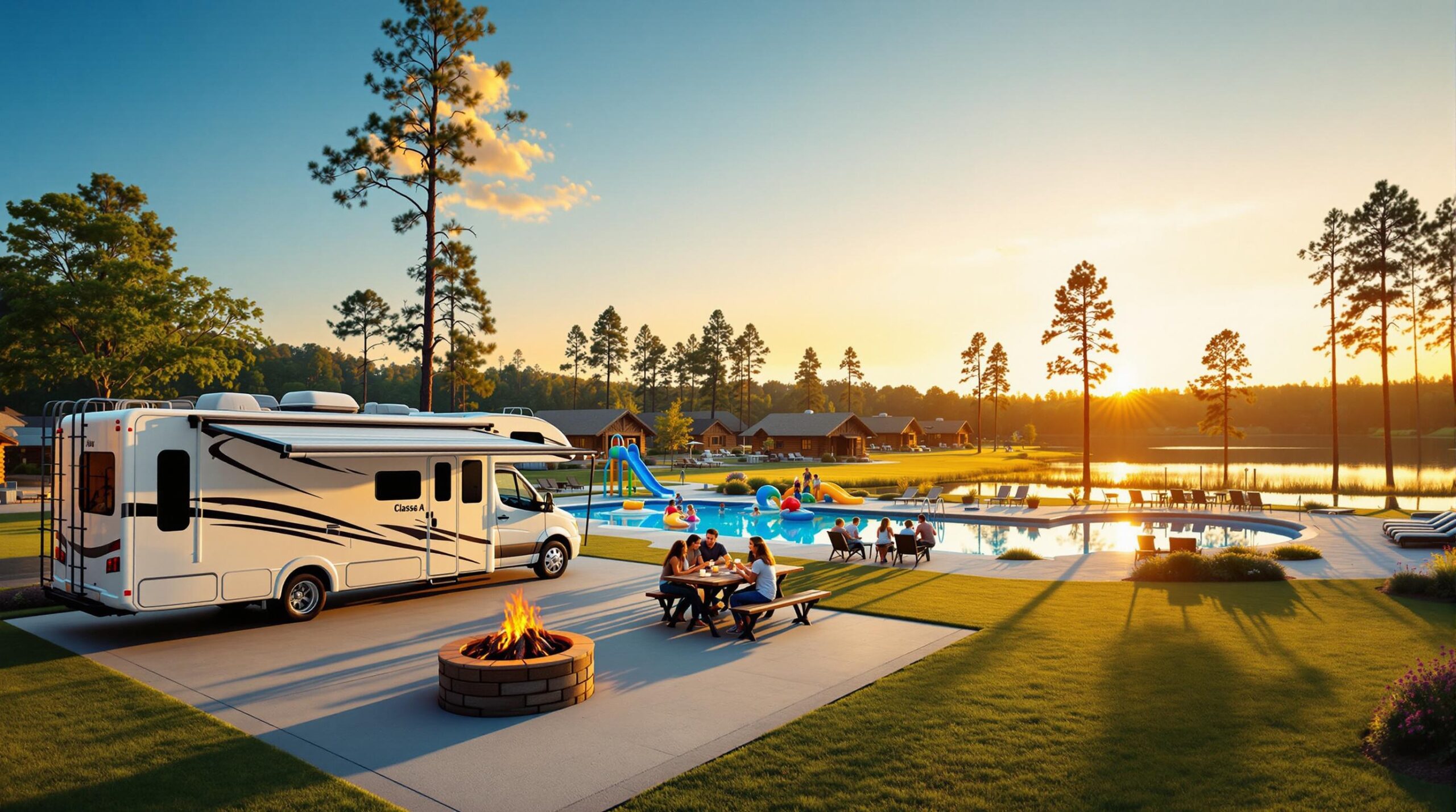 A family of four toasts marshmallows beside a motorhome at a modern RV resort with a pool, splash pad, log cabins, and a lake surrounded by trees at sunset.
