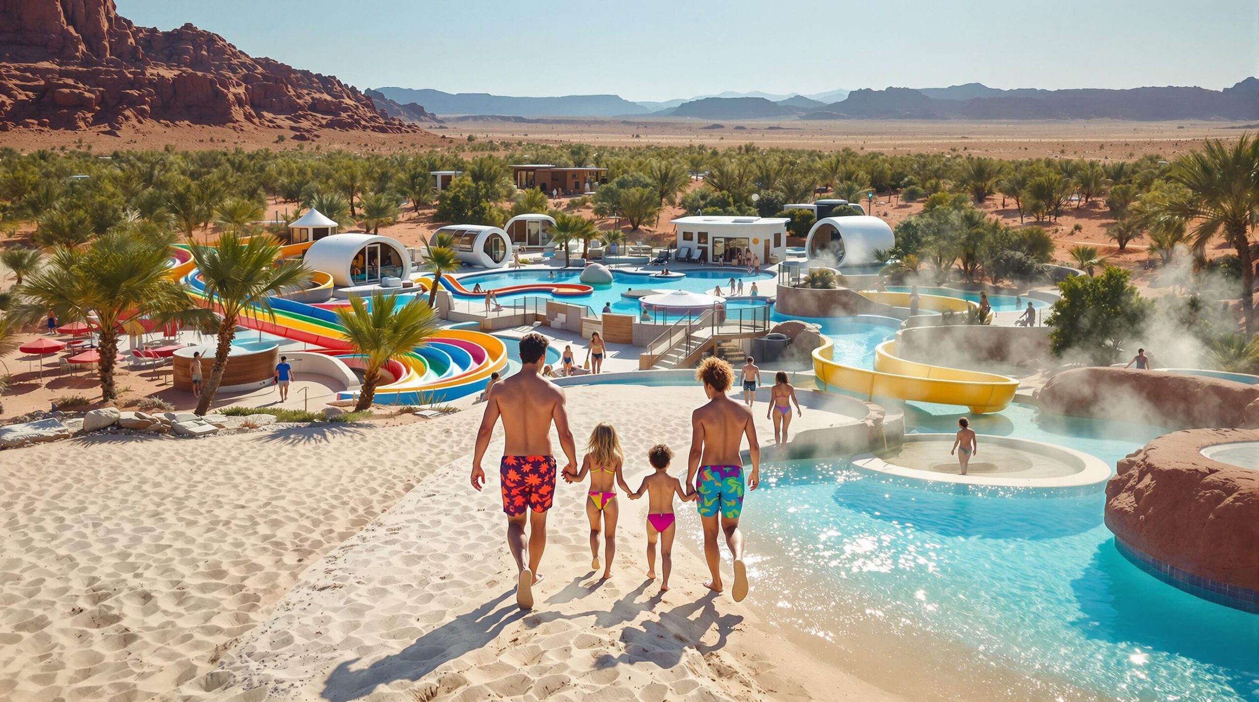 A family in swimsuits walks from a sandy beach toward a colorful water zone with slides and a lazy river, glamping cabins and modern pods in the background, under a sunny blue sky with red hills in the distance.