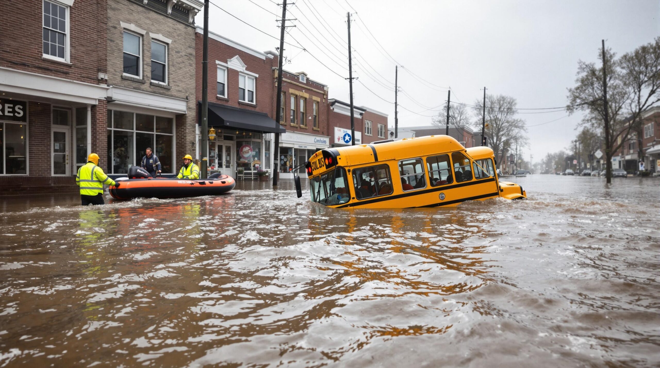 Flooded small town main street with a partially submerged yellow school bus, emergency workers guiding a rescue raft, and unbranded brick storefronts under overcast skies.