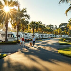 RVs parked on gravel pads in a sunny, well-maintained park with palm trees, green grass, and a couple walking a dog along a paved path.