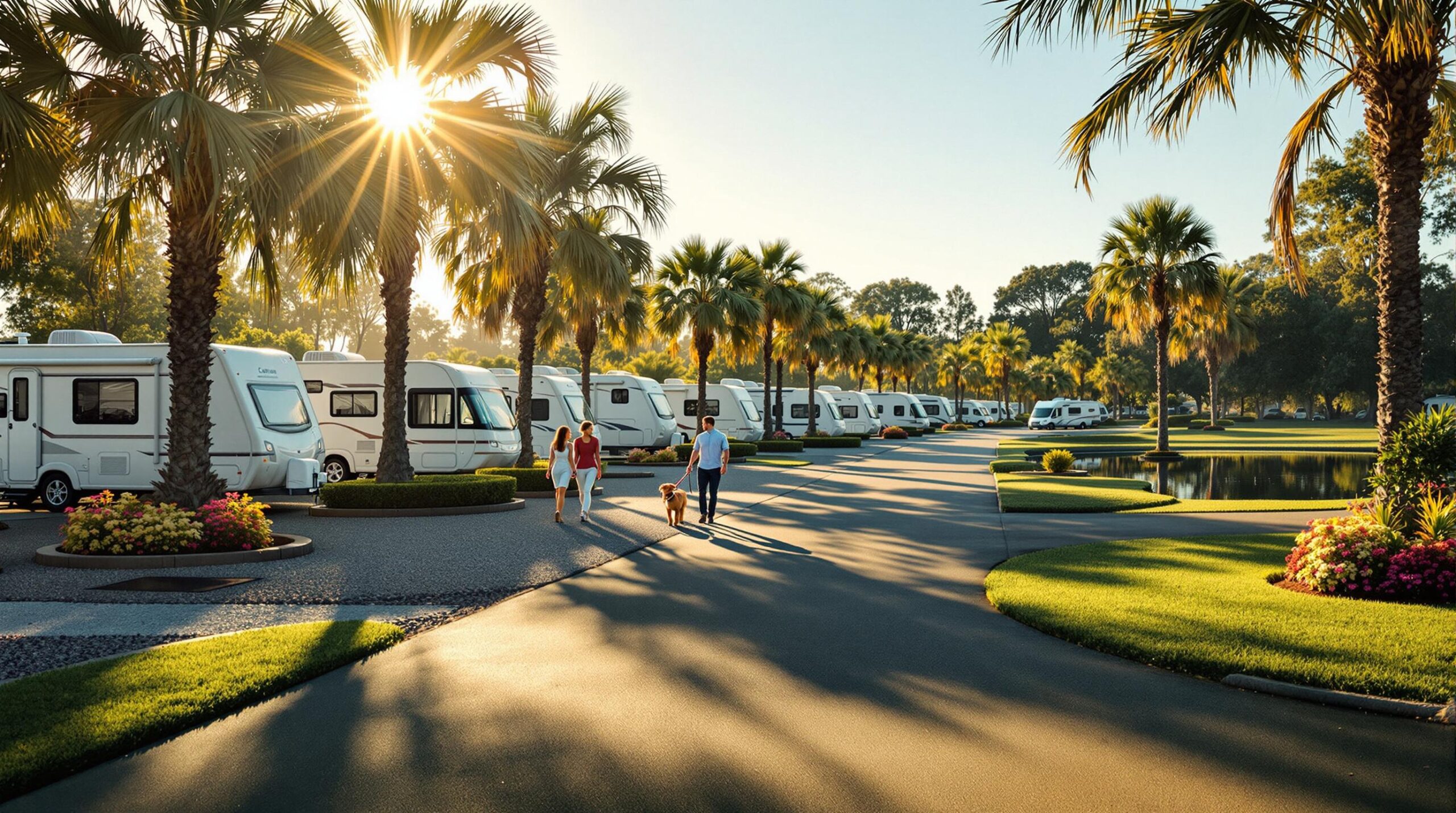 RVs parked on gravel pads in a sunny, well-maintained park with palm trees, green grass, and a couple walking a dog along a paved path.