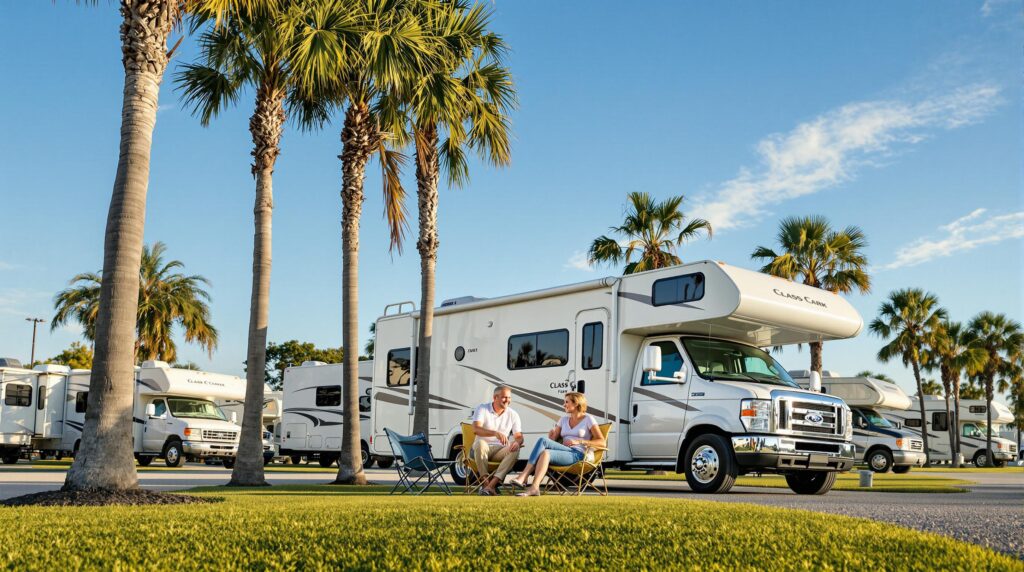 Middle-aged couple setting up chairs beside an RV in a sunny, palm-lined park with other RVs in the background, under a clear blue sky.