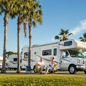 Middle-aged couple setting up chairs beside an RV in a sunny, palm-lined park with other RVs in the background, under a clear blue sky.
