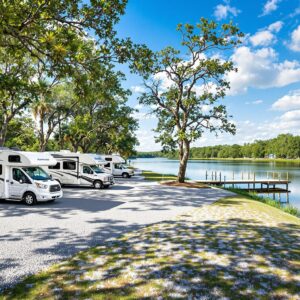 Three white RVs parked on gravel pads under palm and oak trees beside a calm river with a wooden dock, bright sky, and lush greenery in a generic campground setting