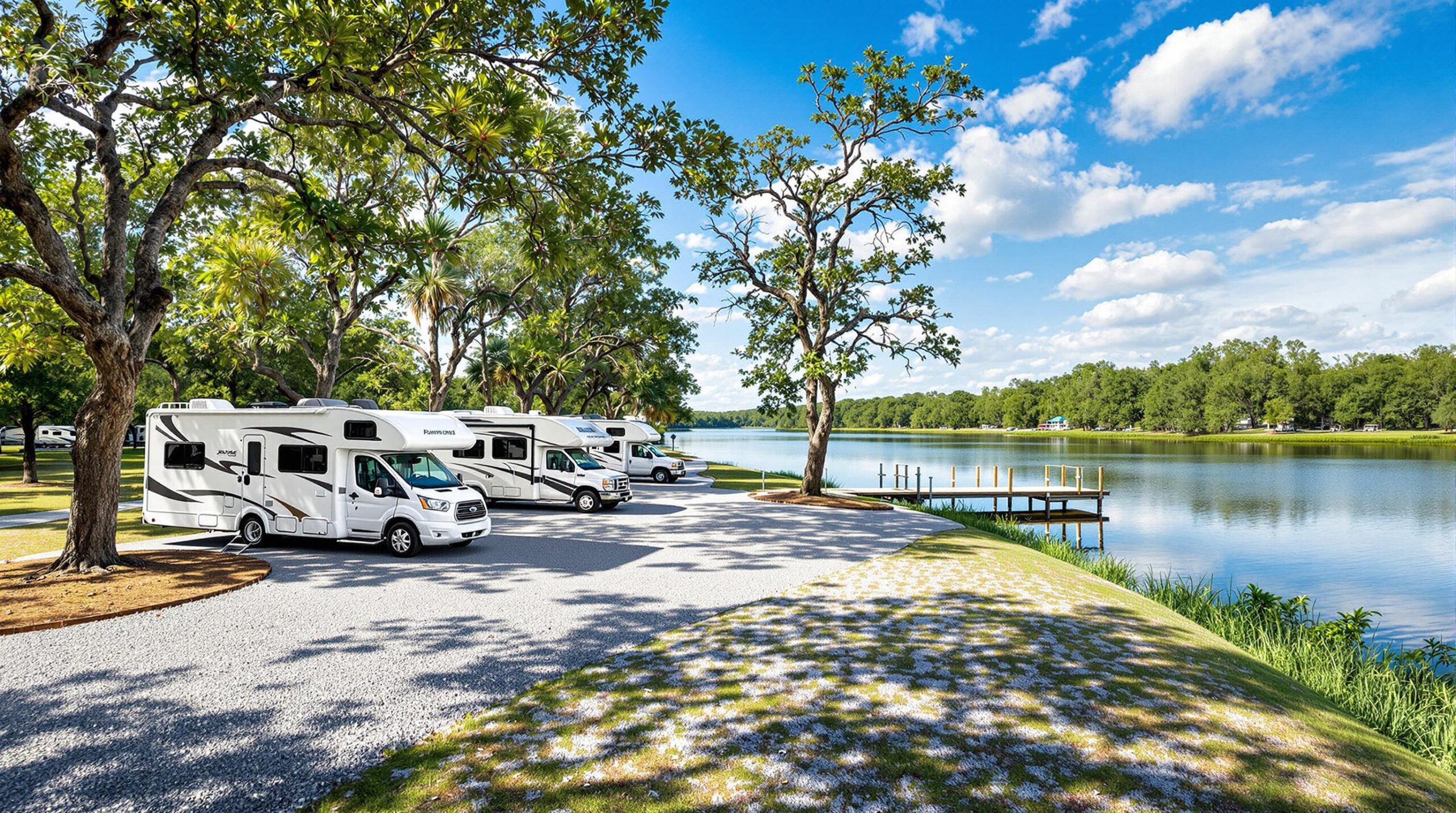 Three white RVs parked on gravel pads under palm and oak trees beside a calm river with a wooden dock, bright sky, and lush greenery in a generic campground setting