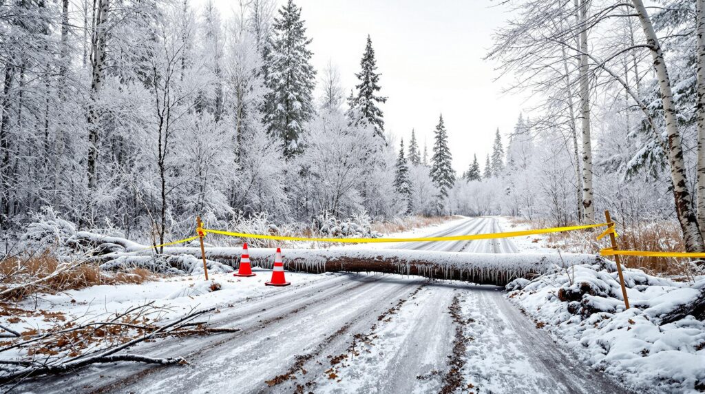 Forest trail blocked by ice-covered trees, orange safety cones, and caution tape after a winter storm.
