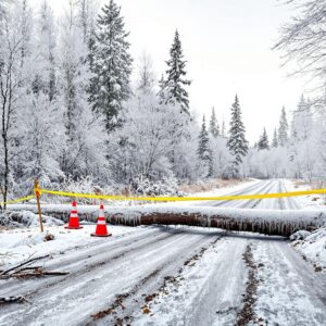 Forest trail blocked by ice-covered trees, orange safety cones, and caution tape after a winter storm.