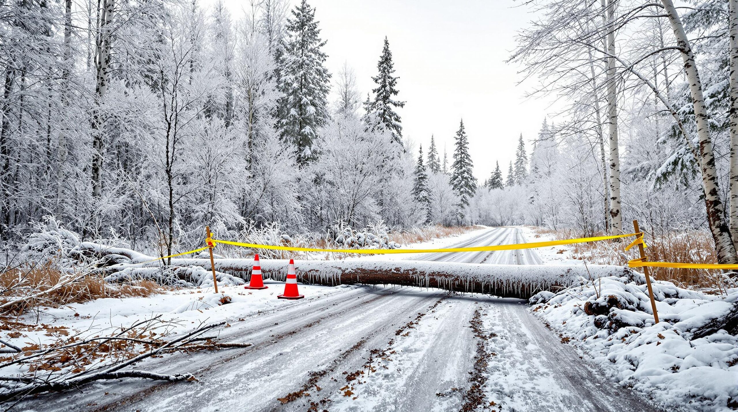 Forest trail blocked by ice-covered trees, orange safety cones, and caution tape after a winter storm.
