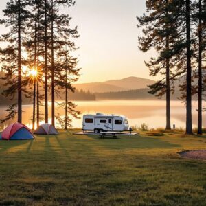 A peaceful lakeside campground at sunrise with colorful tents, an RV, tall pine trees, and gentle mist rising from the water.