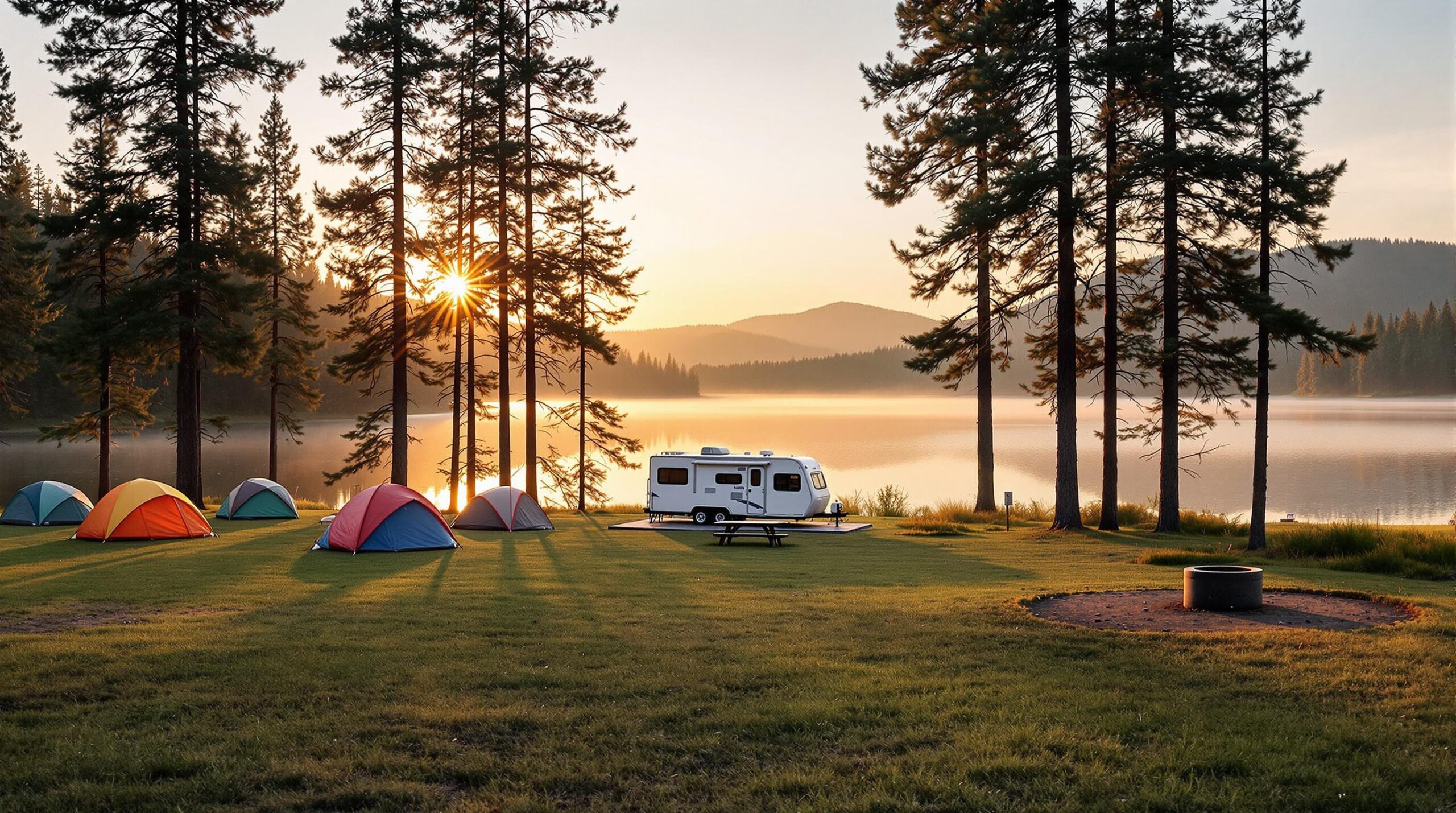 A peaceful lakeside campground at sunrise with colorful tents, an RV, tall pine trees, and gentle mist rising from the water.