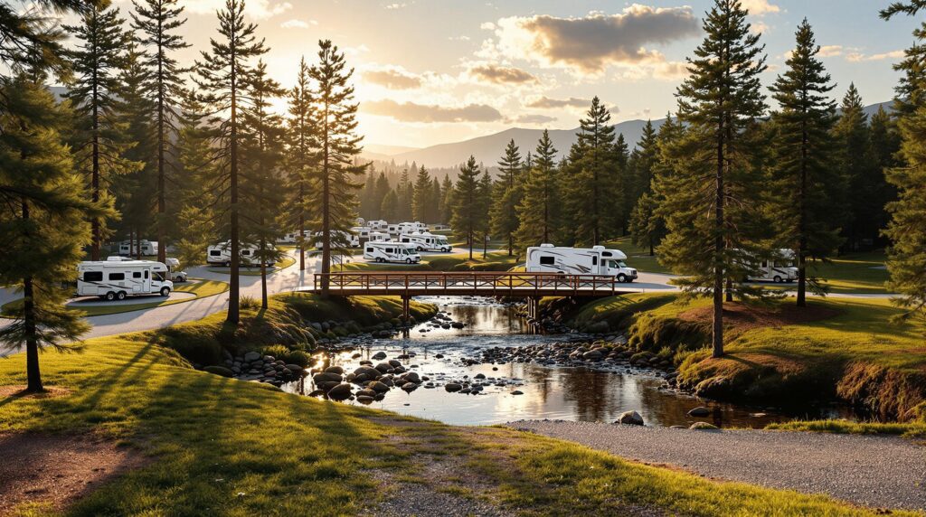 Modern RVs parked at a spacious forest campground with a new wooden bridge over a creek, surrounded by pine trees and soft golden sunlight.